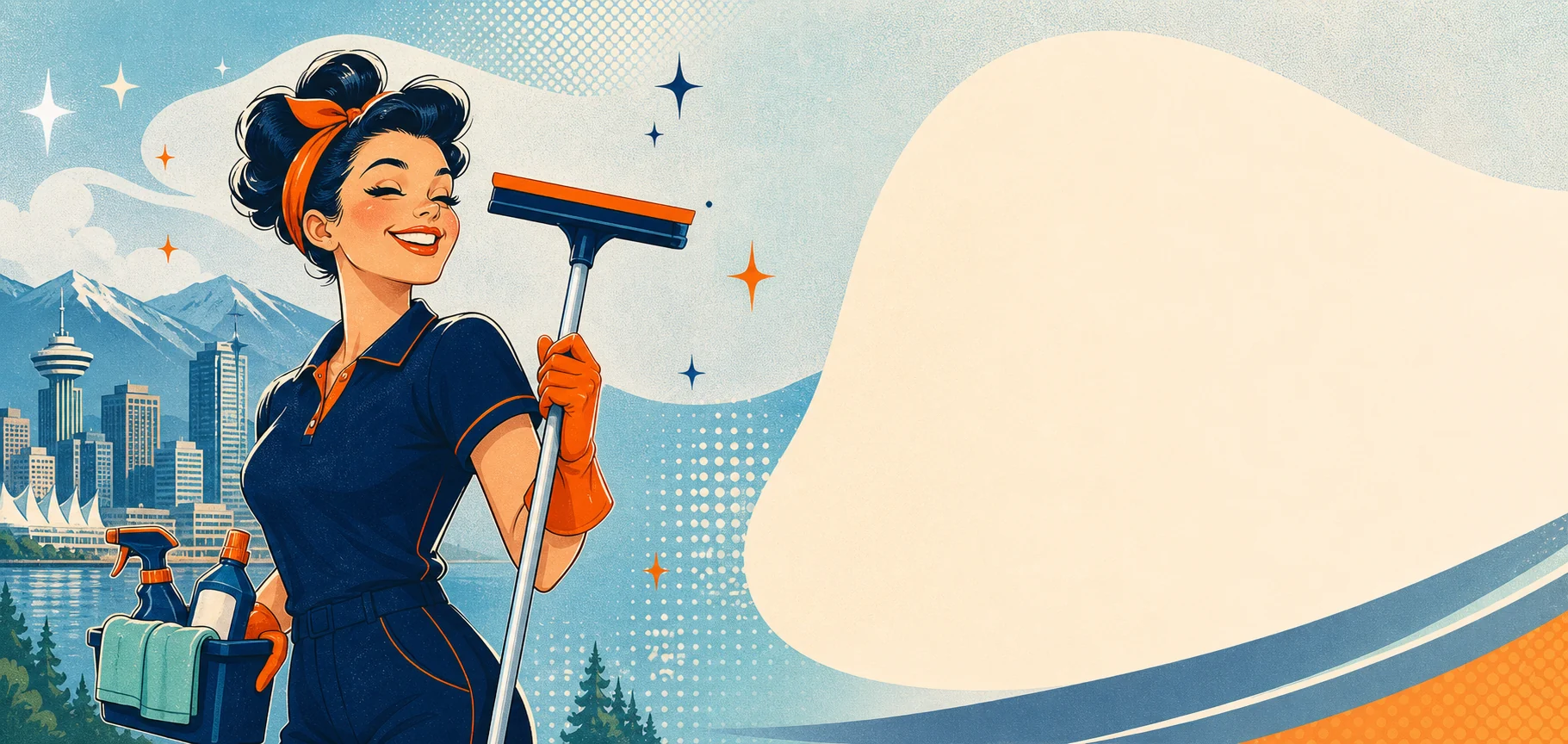 Retro illustration of a Lagover cleaner with Vancouver-inspired scenery